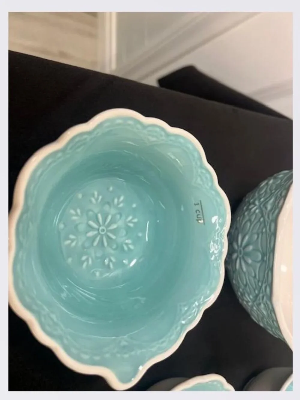 Pier 1 Imports Nesting Measuring Cups/Bowl – Lacy Aqua Blue and White – New